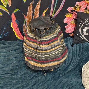 L.B. Evans Handknits Drawstring Backpack Bag, Multi-Color Swirly Tweed Knit